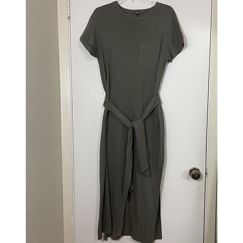 MONROW Short sleeve cotton tshirt army green dress tie waist Small